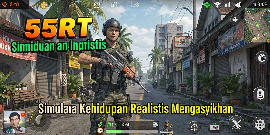 Screenshot gameplay 55RT yang menunjukkan interaksi karakter dalam dunia simulasi.