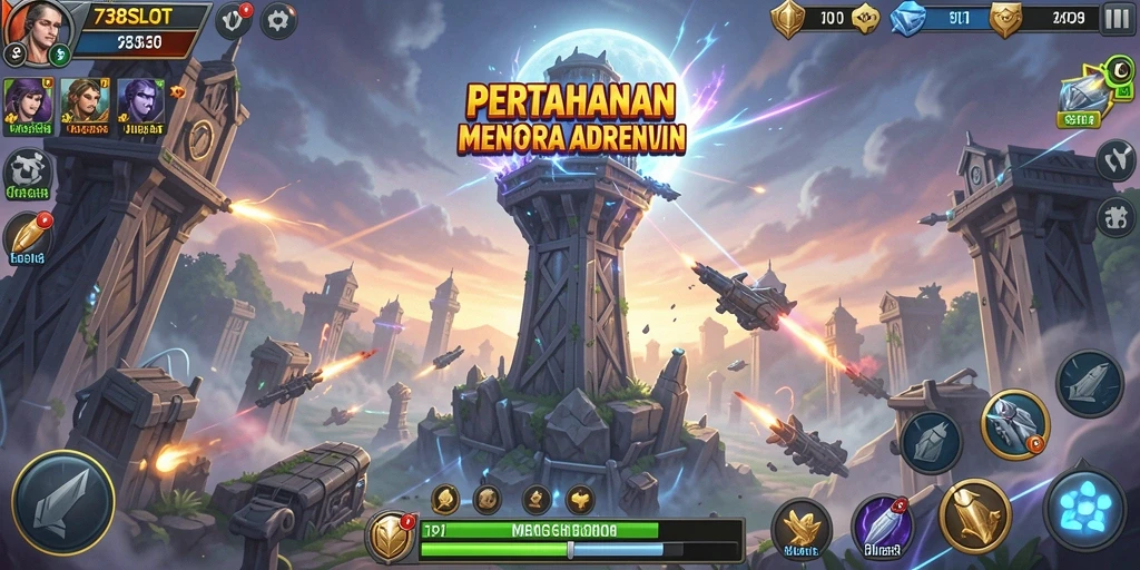 Screenshot gameplay 738SLOT menampilkan aksi menara pertahanan yang epik.