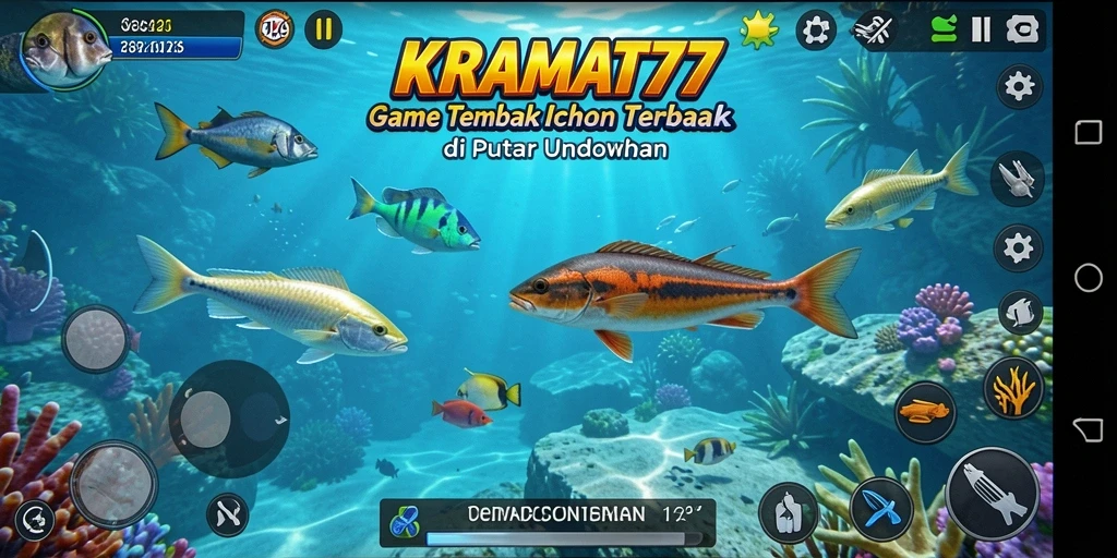 Screenshot utama KRAMAT77 menampilkan gameplay seru menembak ikan.