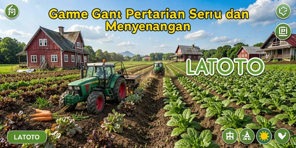 Tampilan gameplay LATOTO dengan ladang subur dan hewan ternak yang ceria.