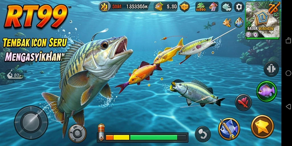 Screenshot gameplay RT99 menampilkan serunya menangkap ikan.