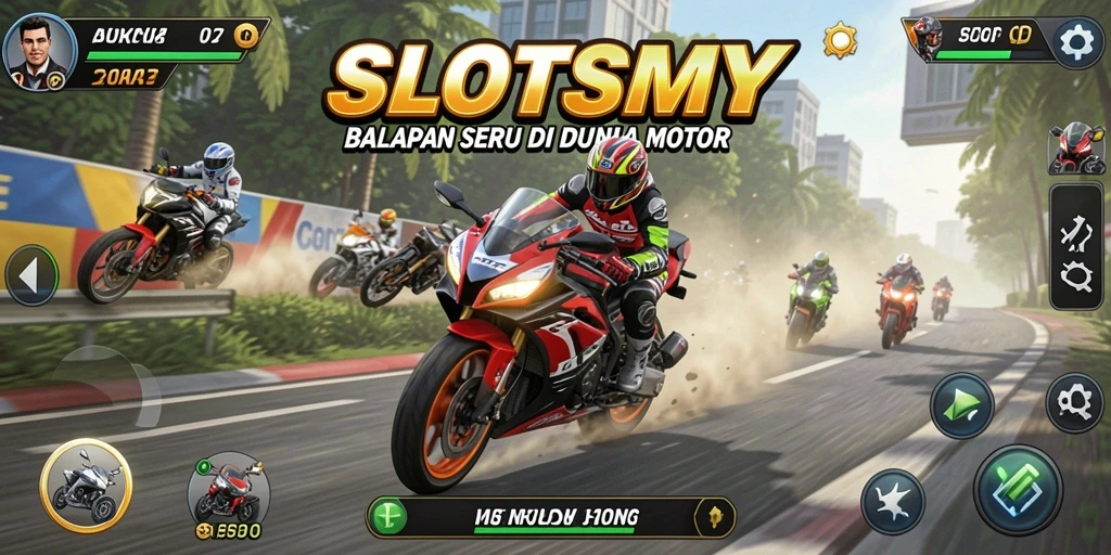 Tampilan menarik dari gameplay SLOTSMY yang penuh aksi balapan motor.